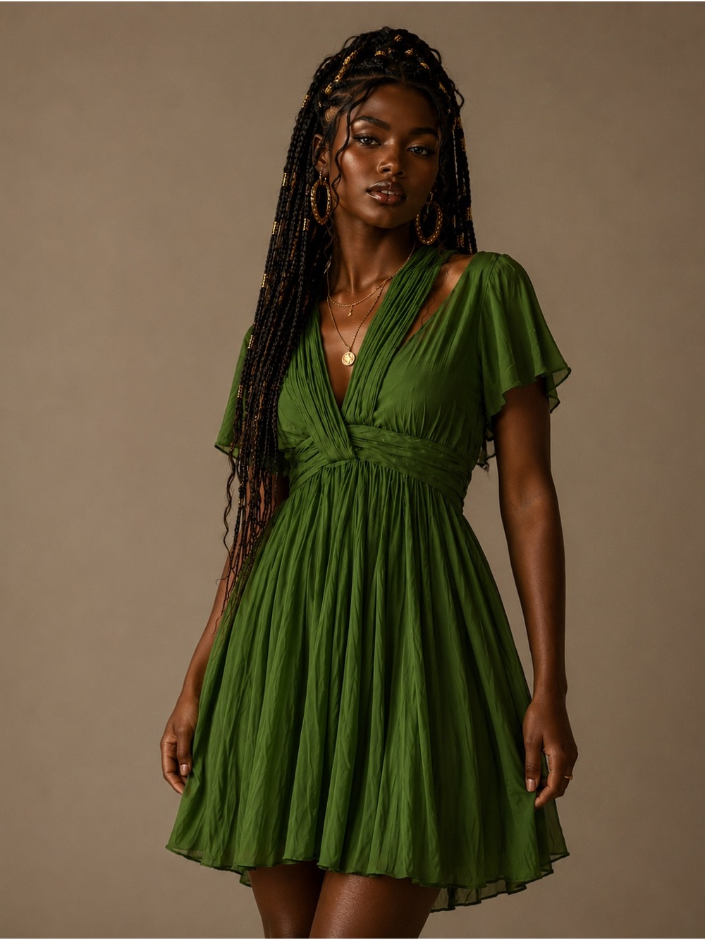 Anthropologie Green V-Neck Flutter Sleeve Dress